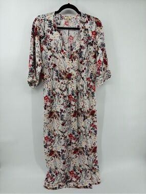Kori Floral Maxi Dress in Red and Cream V-Neck High Wrap Slit
